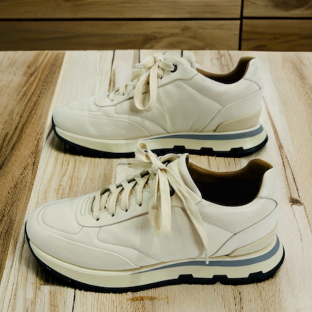 HUGO BOSS MENS BURNISH ITALIAN LEATHER SIZE 8 CREAM LOW TOP TRAINERS SNEAKERS